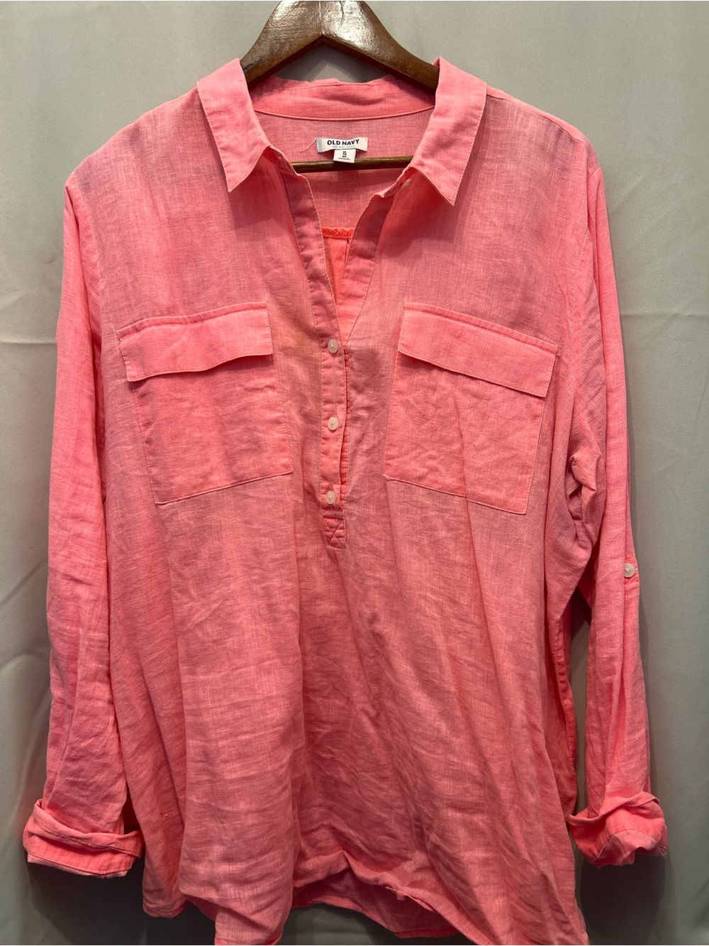 Old Navy Bright Pink Button-Front Linen-Like Tunic Blouse